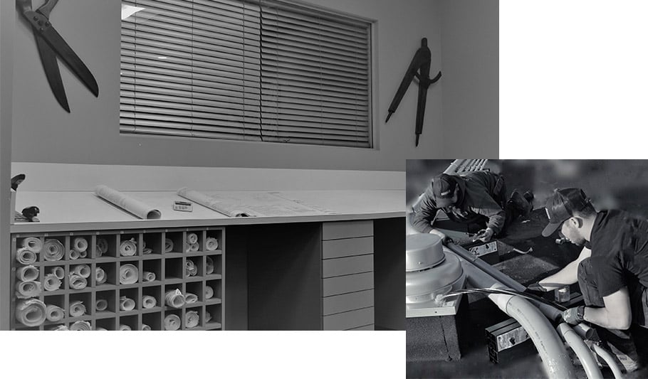 drafting table and double r employees working on wiring